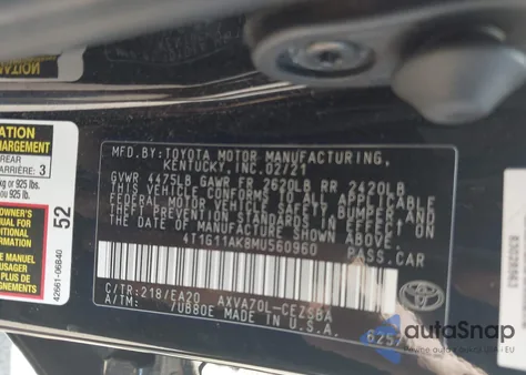 2021 Toyota Camry Se z USA, uszkodzony, nr VIN 4T1G11AK8MU560960